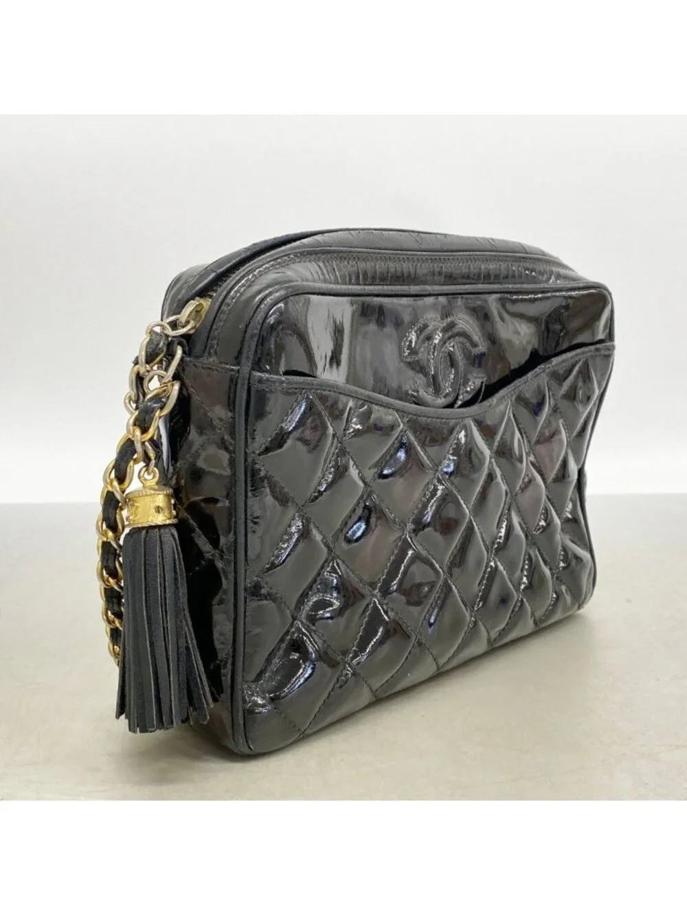 Chanel Shoulder Bag Quilted Patent Leather Black Gold
